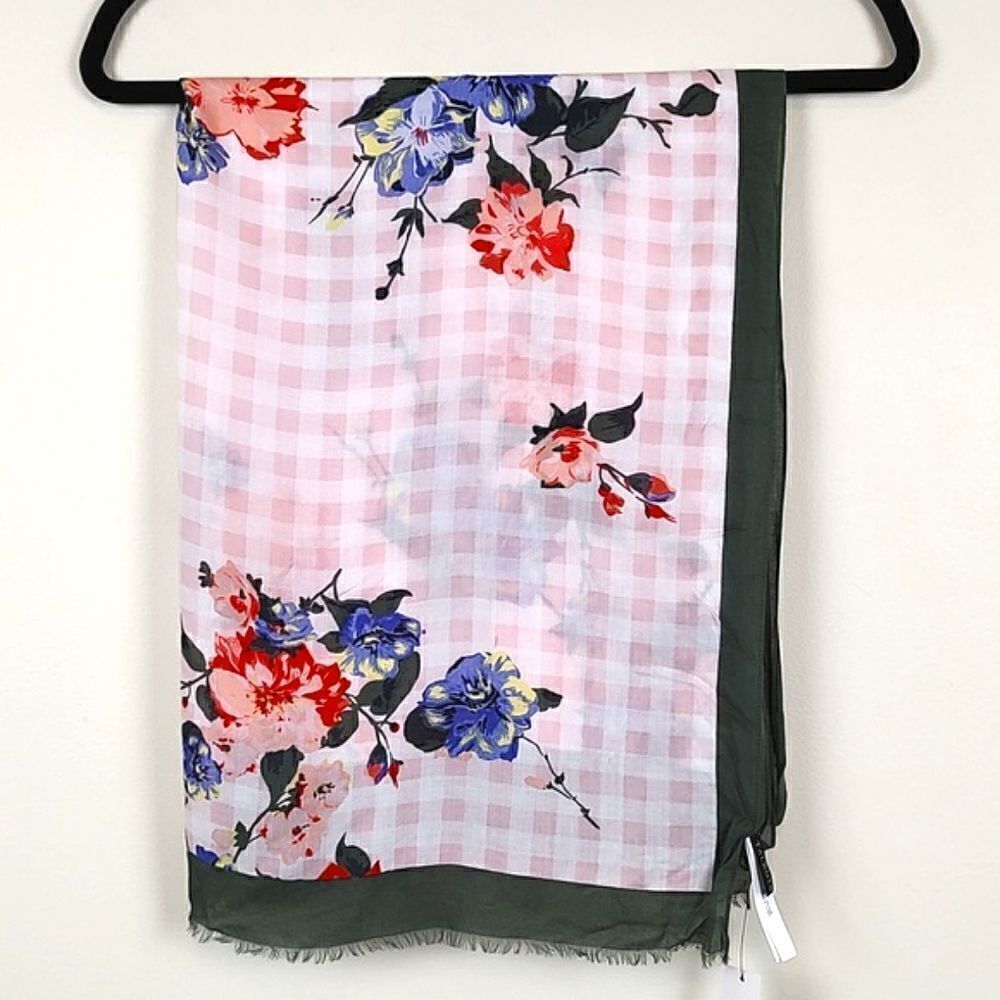 Talbot's Pink Check Floral Oblong Scarf Wrap NWT